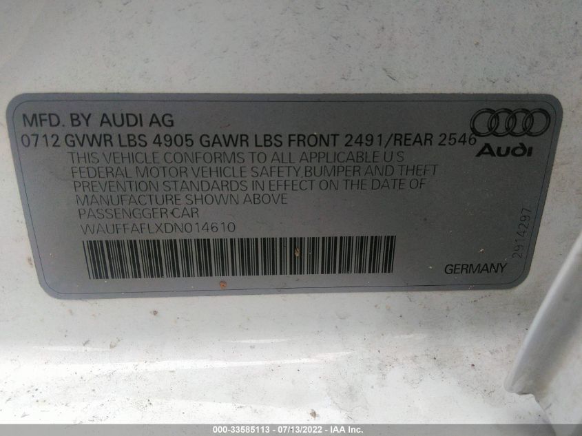 2013 AUDI A4 PREMIUM PLUS WAUFFAFLXDN014610