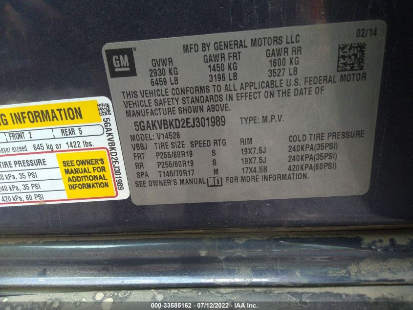 2014 BUICK ENCLAVE LEATHER 5GAKVBKD2EJ301989