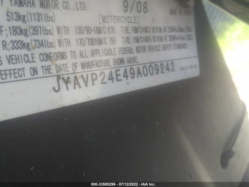 2009 YAMAHA XVS1300 A JYAVP24E49A009242