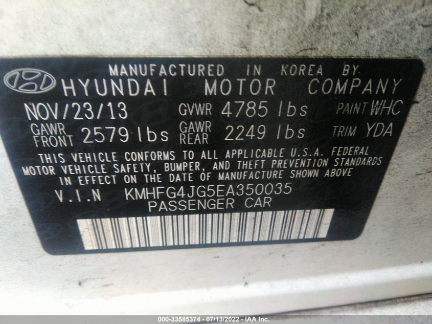 2014 HYUNDAI AZERA KMHFG4JG5EA350035