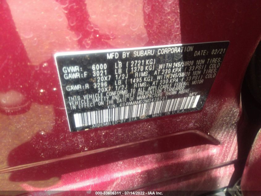 2021 SUBARU ASCENT LIMITED 4S4WMAMD2M3438231