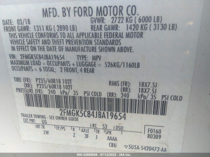 2018 FORD FLEX SEL 2FMGK5C84JBA19654