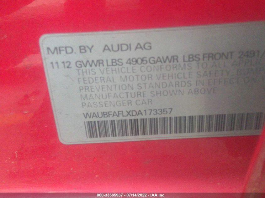 2013 AUDI A4 PREMIUM WAUBFAFLXDA173357