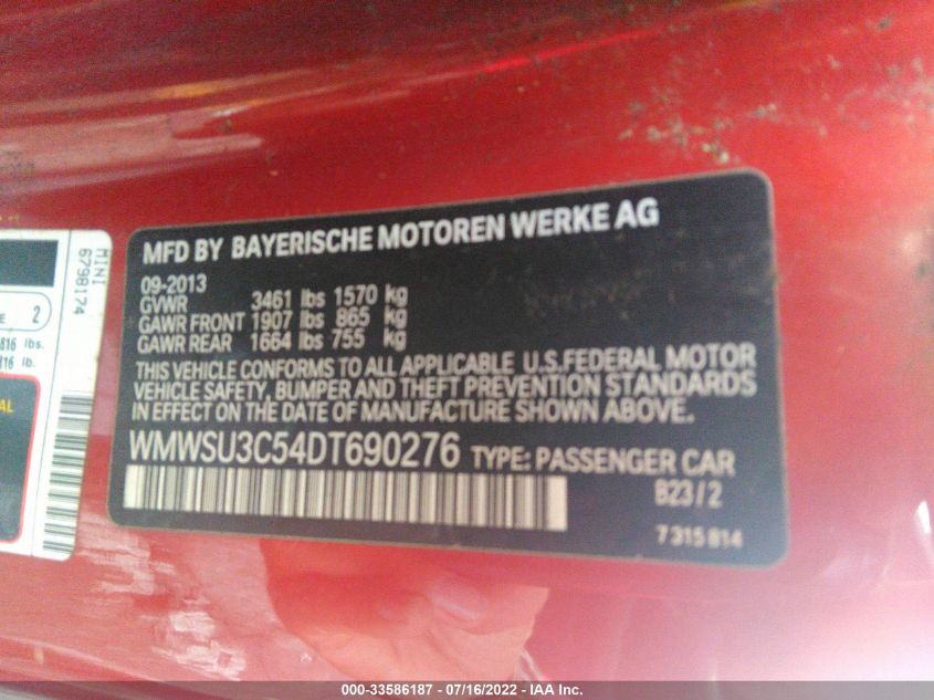 2013 MINI COOPER HARDTOP WMWSU3C54DT690276