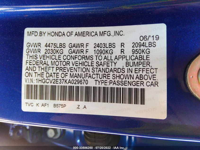 2019 HONDA ACCORD SPORT 1HGCV2E37KA029670