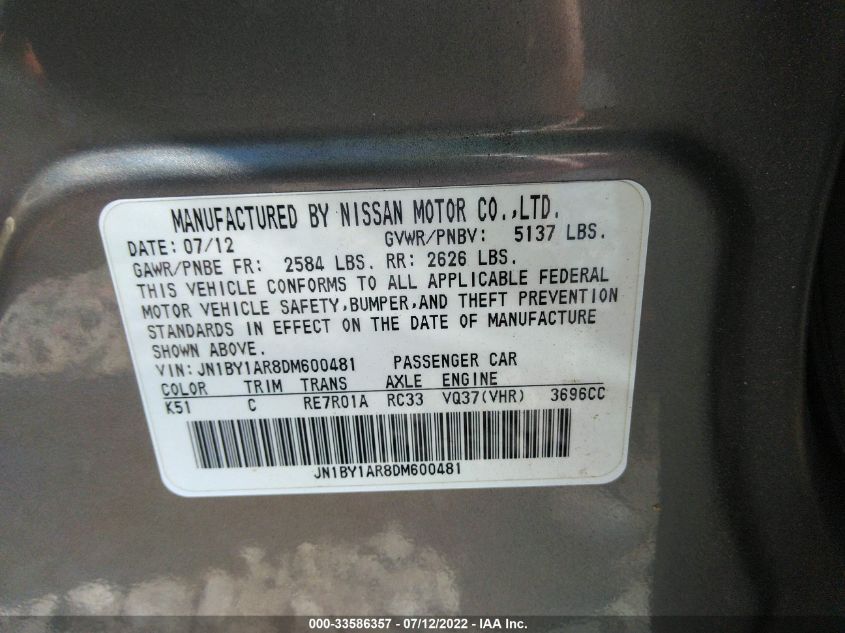 2013 INFINITI M37 JN1BY1AR8DM600481