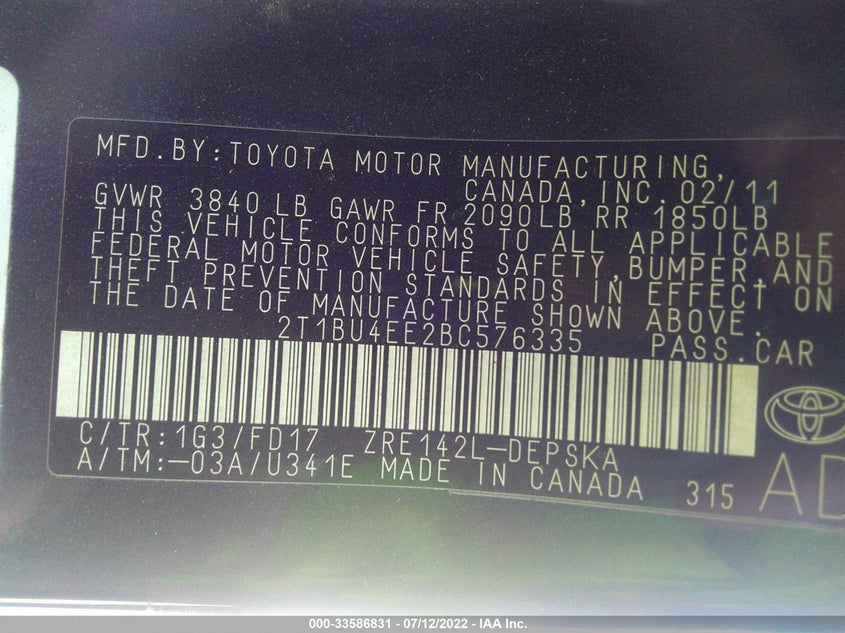 2011 TOYOTA COROLLA VIN: 2T1BU4EE2BC576335