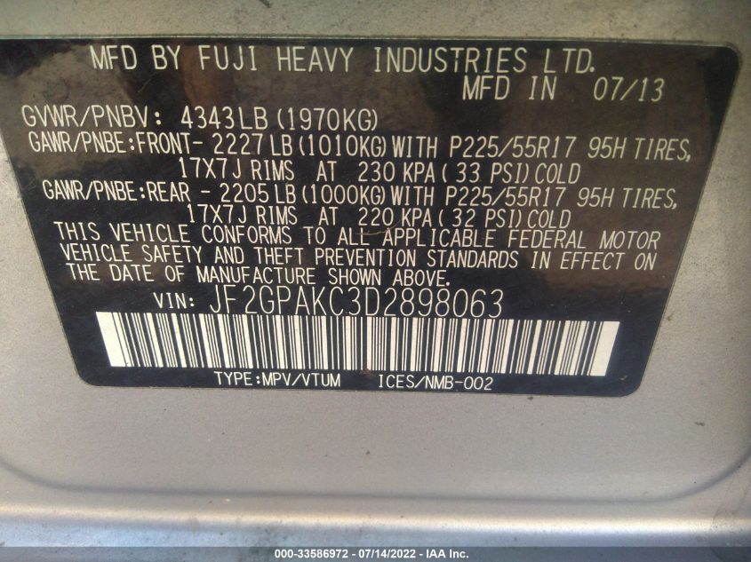 2013 SUBARU XV CROSSTREK LIMITED JF2GPAKC3D2898063
