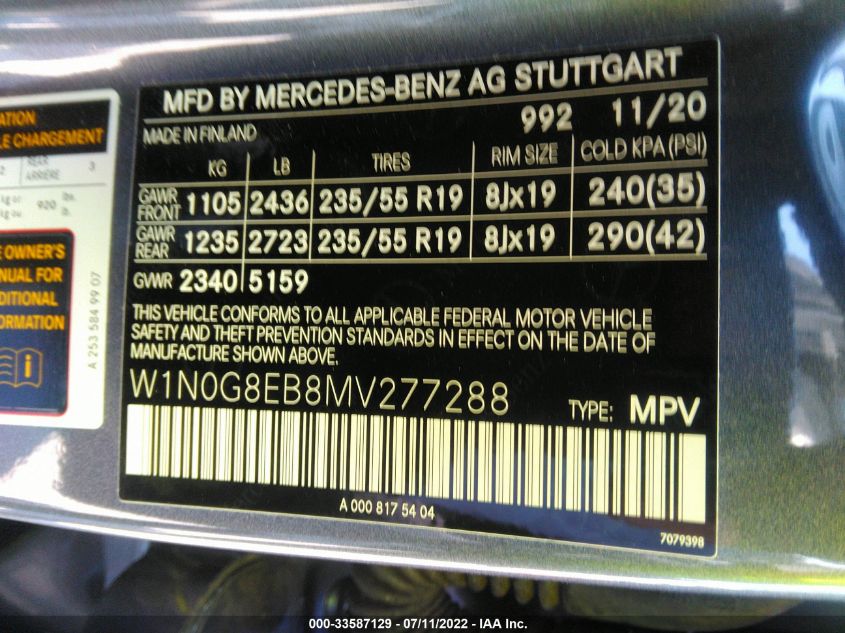 2021 MERCEDES-BENZ GLC GLC 300 W1N0G8EB8MV277288