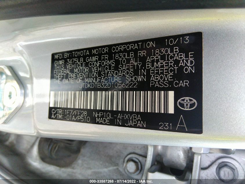 2013 TOYOTA PRIUS C ONE JTDKDTB32D1056222
