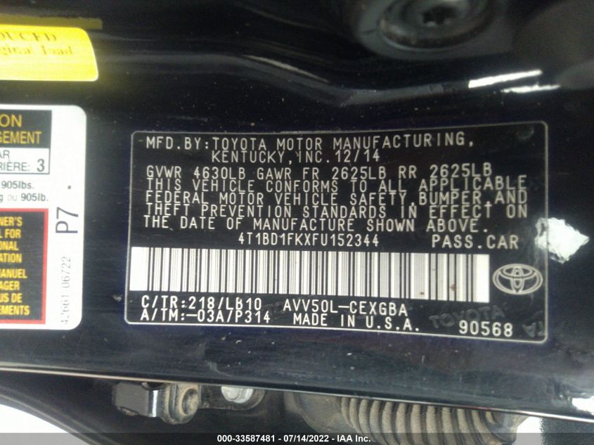 2015 TOYOTA CAMRY HYBRID LE/XLE/SE 4T1BD1FKXFU152344