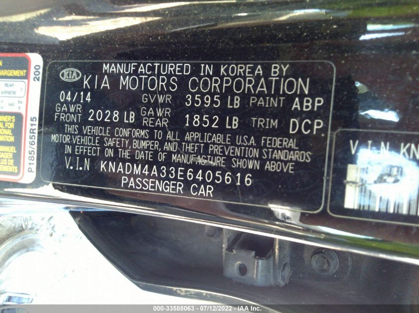 2014 KIA RIO LX KNADM4A33E6405616