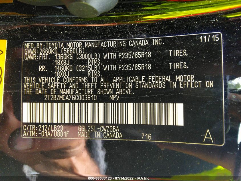 2016 LEXUS RX 350 2T2BZMCA7GC003810