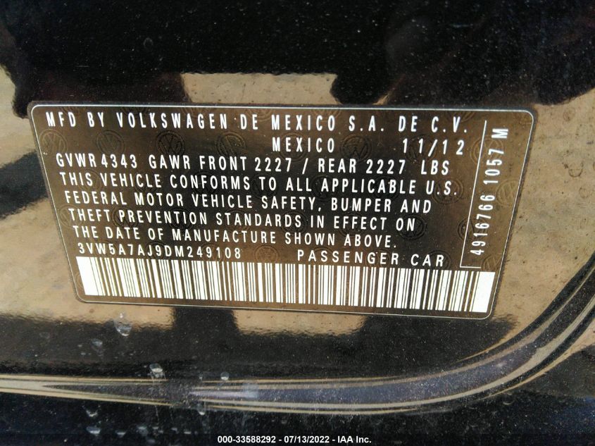 2013 VOLKSWAGEN GLI AUTOBAHN 3VW5A7AJ9DM249108