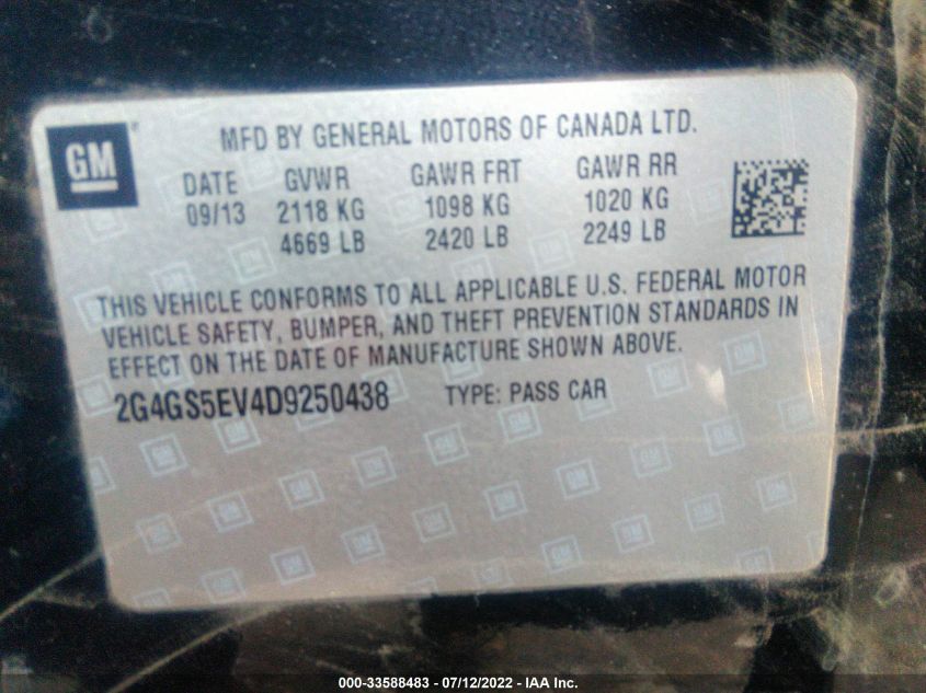 2013 BUICK REGAL TURBO PREMIUM 1 2G4GS5EV4D9250438