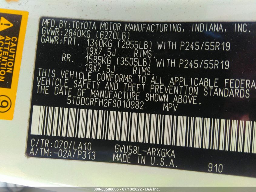 2015 TOYOTA HIGHLANDER HYBRID LIMITED 5TDDCRFH2FS010982