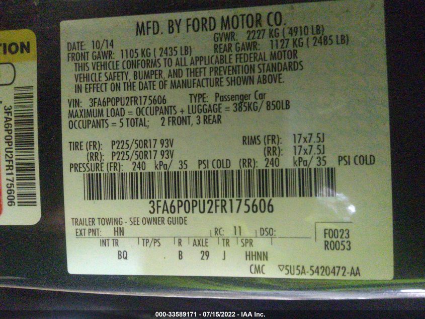 2015 FORD FUSION ENERGI SE LUXURY 3FA6P0PU2FR175606