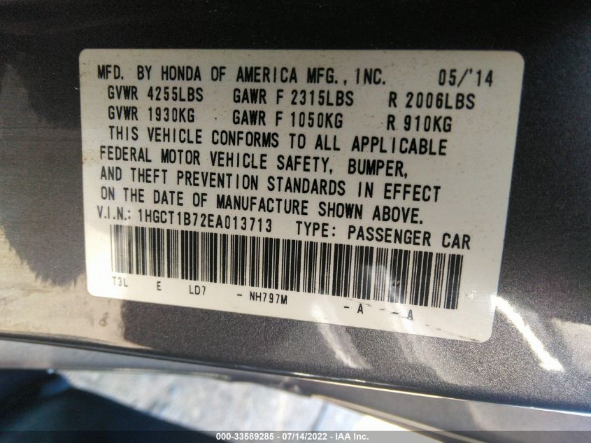 2014 HONDA ACCORD COUPE EX 1HGCT1B72EA013713