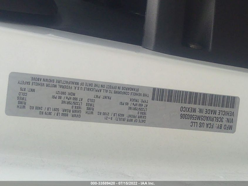 2021 RAM PROMASTER CARGO VAN 3C6LRVAG5ME560306