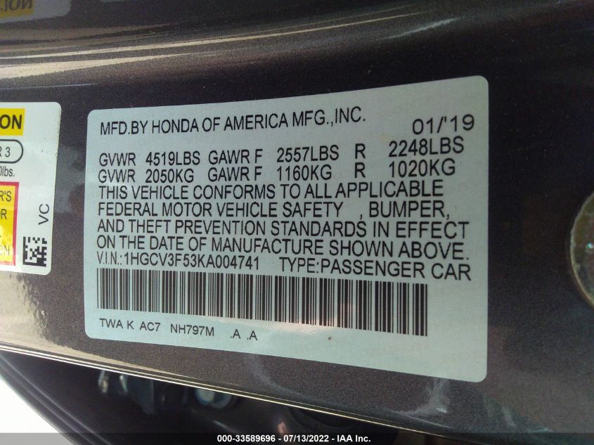 2019 HONDA ACCORD HYBRID EX-L 1HGCV3F53KA004741