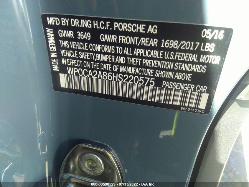 2017 PORSCHE 718 BOXSTER WP0CA2A86HS220575