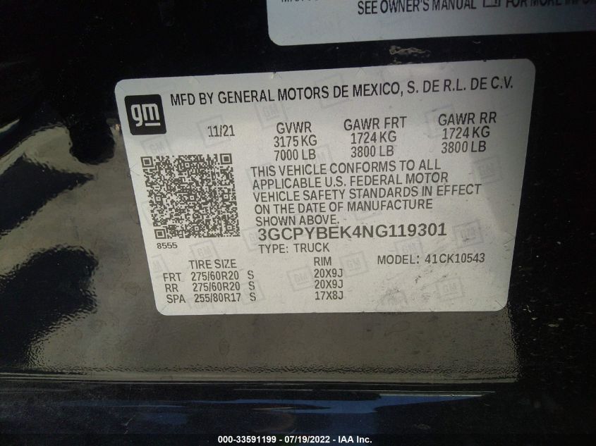 2022 CHEVROLET SILVERADO 1500 LTD CUSTOM 3GCPYBEK4NG119301