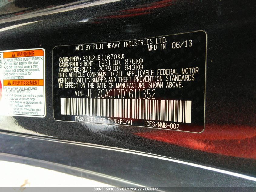 2013 SUBARU BRZ LIMITED JF1ZCAC17D1611352