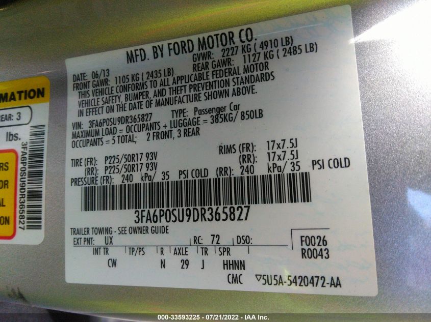 2013 FORD FUSION ENERGI TITANIUM 3FA6P0SU9DR365827