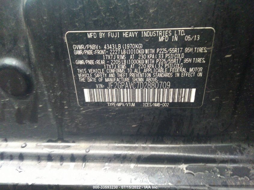 2013 SUBARU XV CROSSTREK 2.0 PREMIUM JF2GPAVC7D2880709
