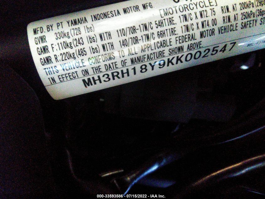 2019 YAMAHA YZFR3 A MH3RH18Y9KK002547