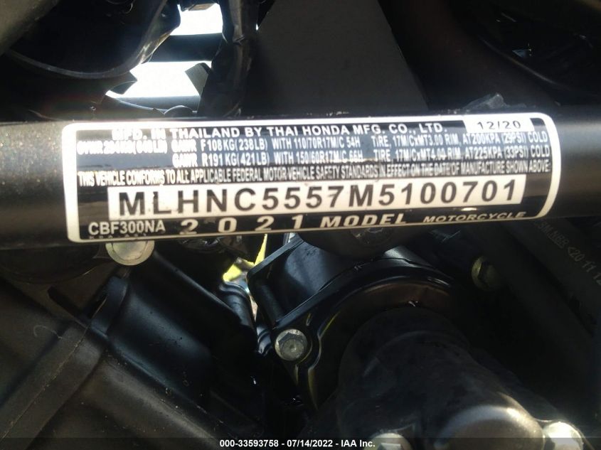 2021 HONDA CBF300 NA MLHNC5557M5100701