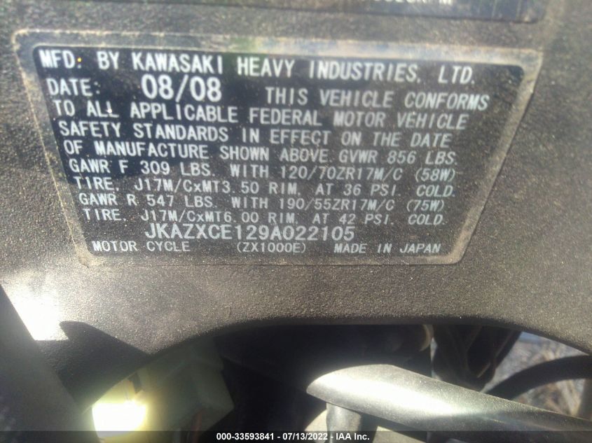2009 KAWASAKI ZX1000 E JKAZXCE129A022105