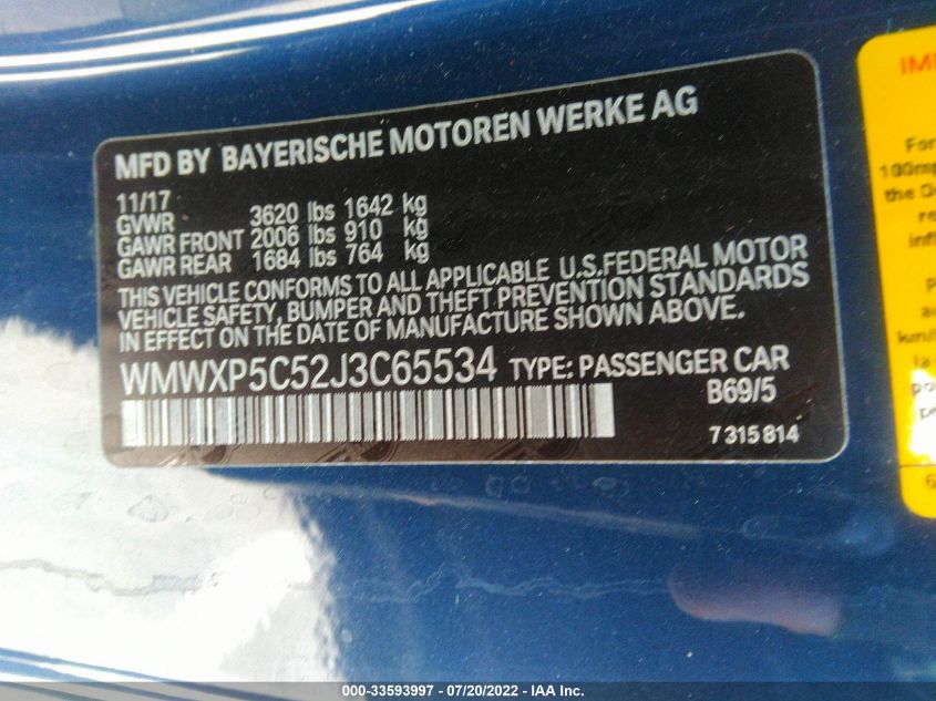 2018 MINI HARDTOP 2 DOOR COOPER/OXFORD EDITION WMWXP5C52J3C65534