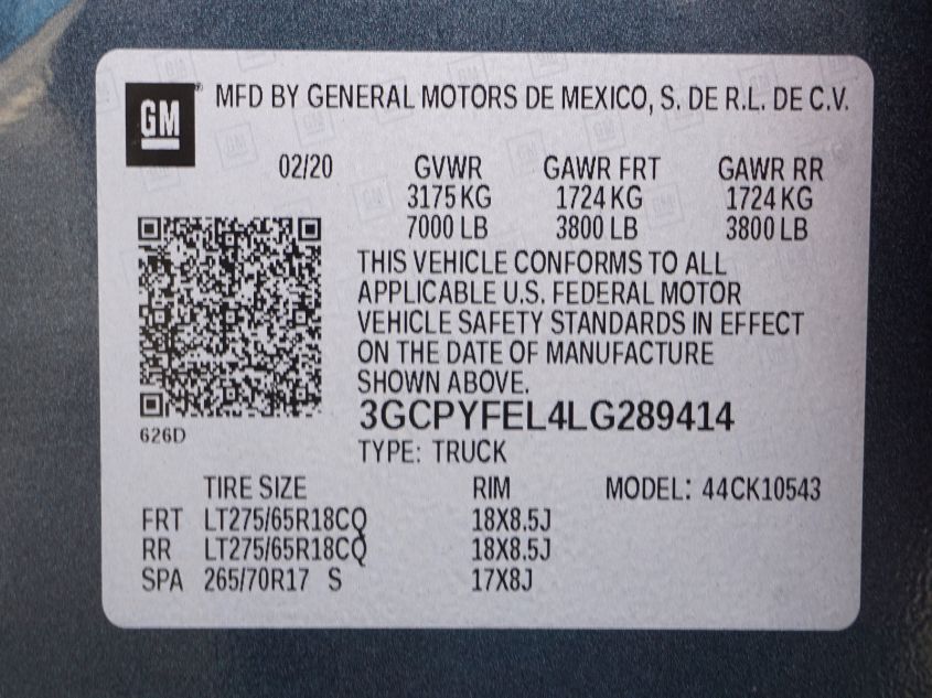 2020 CHEVROLET SILVERADO K1500 LT TRAIL BOSS 3GCPYFEL4LG289414