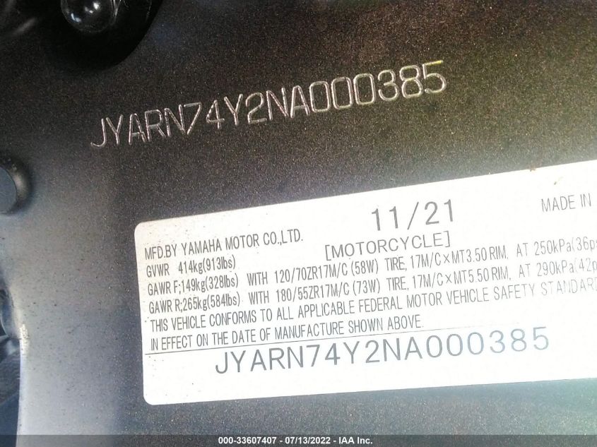 2022 YAMAHA MTT09 GT JYARN74Y2NA000385
