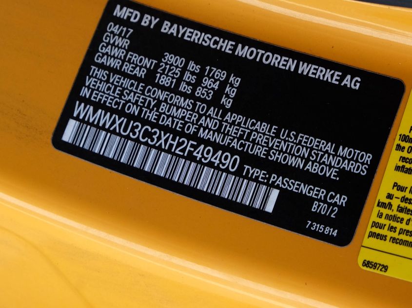 2017 MINI HARDTOP 4 DOOR COOPER S WMWXU3C3XH2F49490