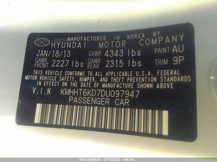 2013 HYUNDAI GENESIS COUPE 2.0T KMHHT6KD7DU097947
