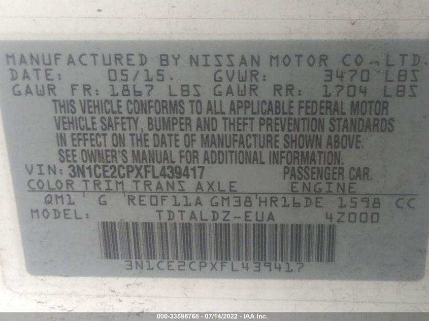 2015 NISSAN VERSA NOTE SV 3N1CE2CPXFL439417