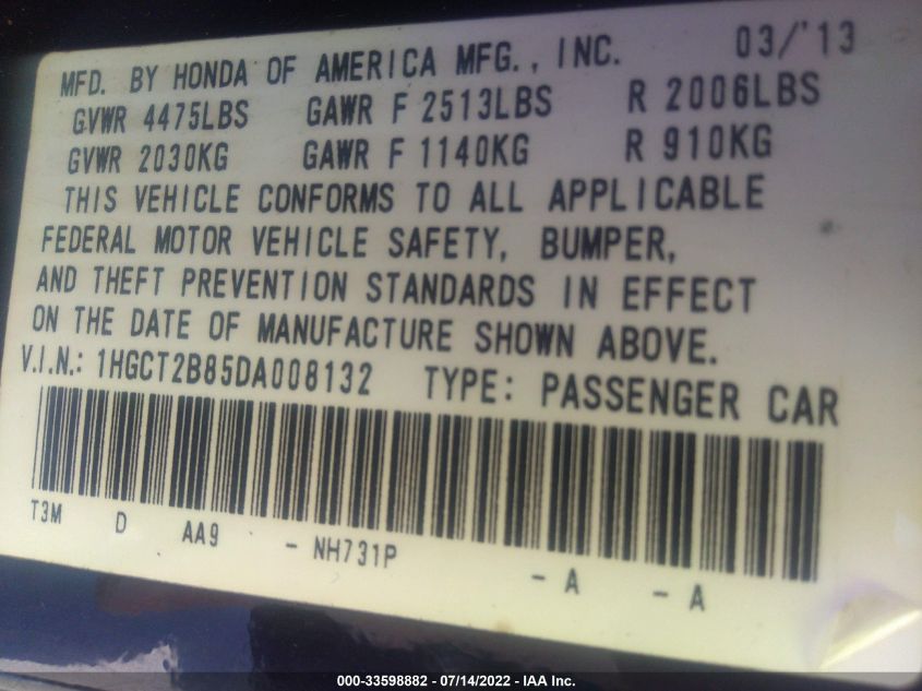 2013 HONDA ACCORD CPE EX-L 1HGCT2B85DA008132