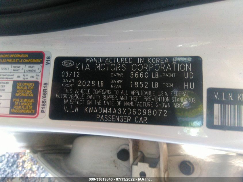 2013 KIA RIO LX KNADM4A3XD6098072