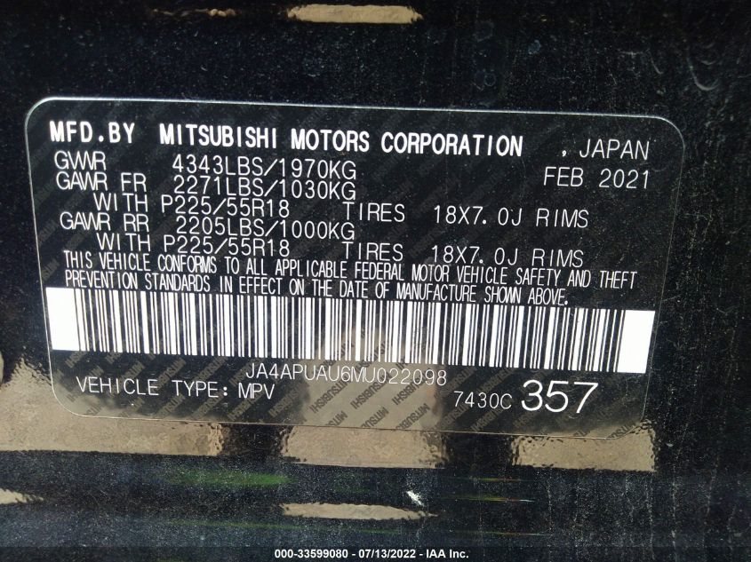 2021 MITSUBISHI OUTLANDER SPORT ES/LE/BE/S JA4APUAU6MU022098