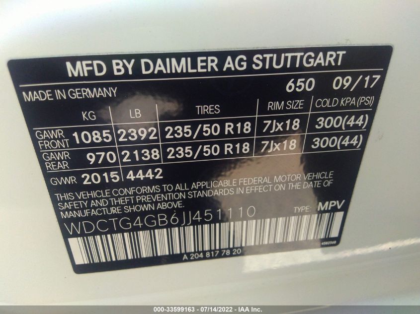 2018 MERCEDES-BENZ GLA 250 4MATIC WDCTG4GB6JJ451110