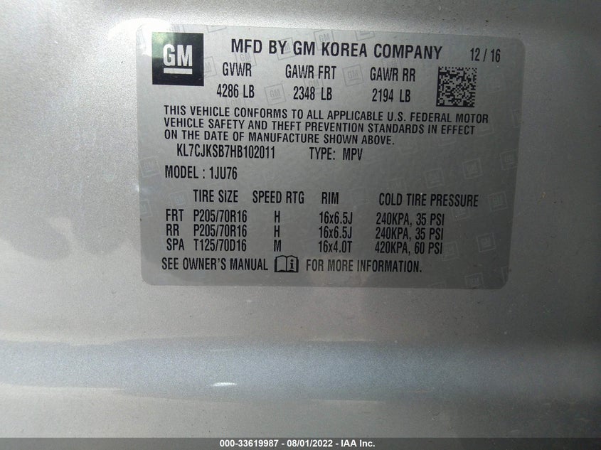 VIN KL7CJKSB7HB102011 2017 CHEVROLET TRAX LS