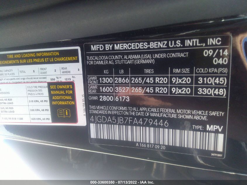 2015 MERCEDES-BENZ M-CLASS 350 4JGDA5JB7FA479446