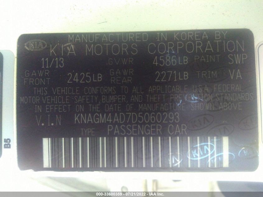 2013 KIA OPTIMA HYBRID EX KNAGM4AD7D5060293