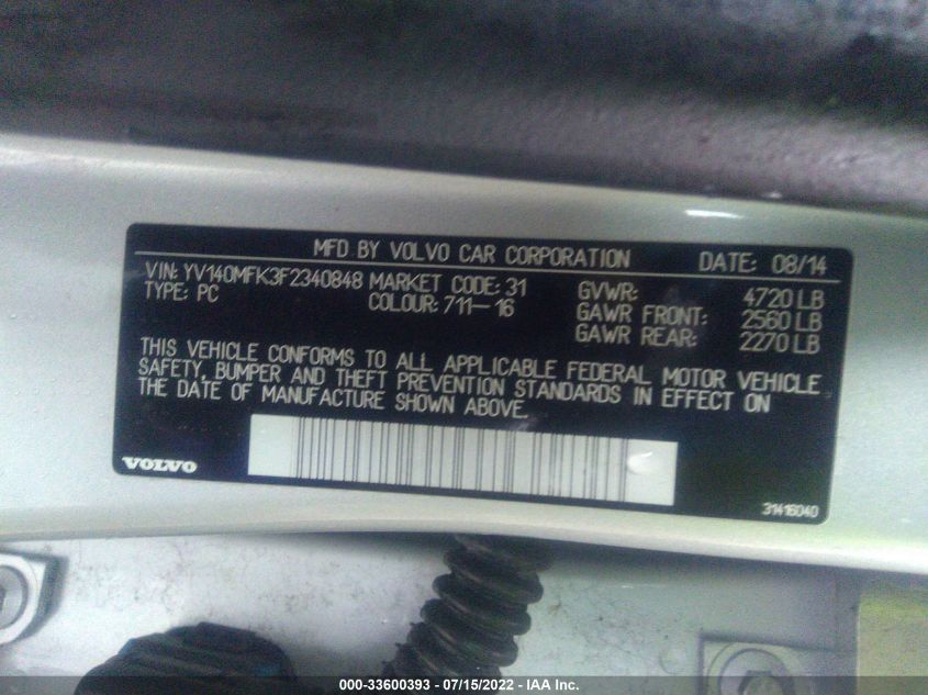 2015 VOLVO S60 PREMIER YV140MFK3F2340848
