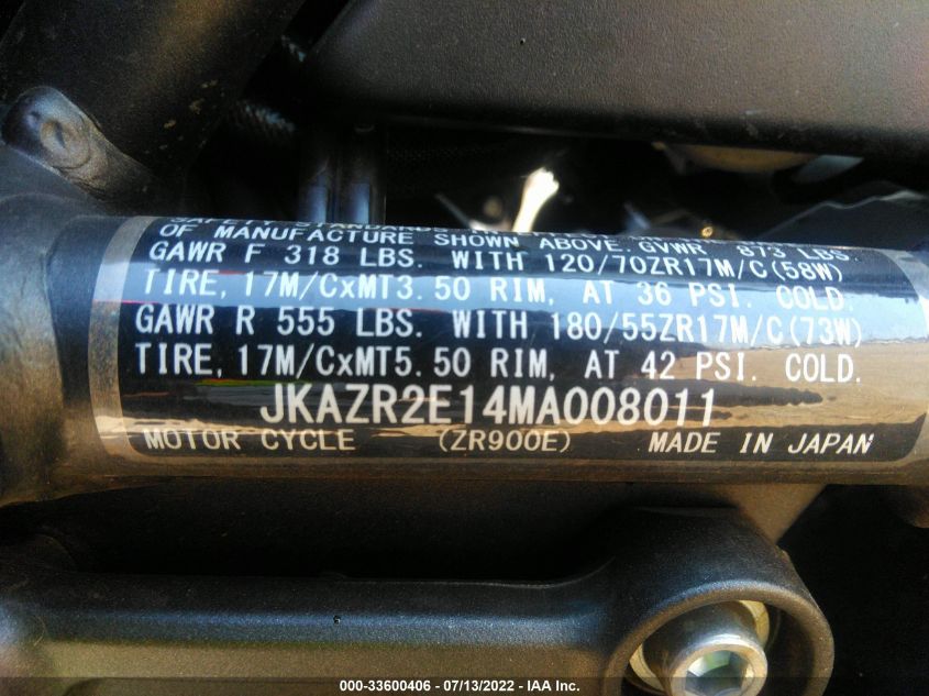 2021 KAWASAKI ZR900 JKAZR2E14MA008011