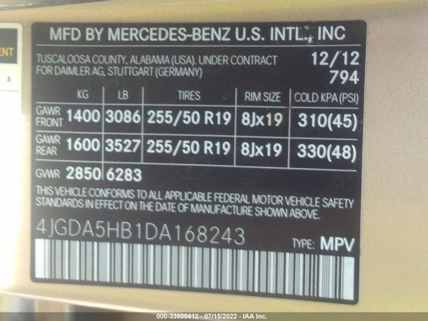 2013 MERCEDES-BENZ M-CLASS ML 350 4JGDA5HB1DA168243