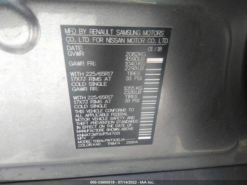 VIN KNMAT2MT9JP547031 2018 NISSAN ROGUE S