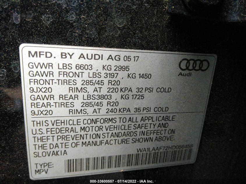 2017 AUDI Q7 PREMIUM PLUS WA1LAAF72HD056458